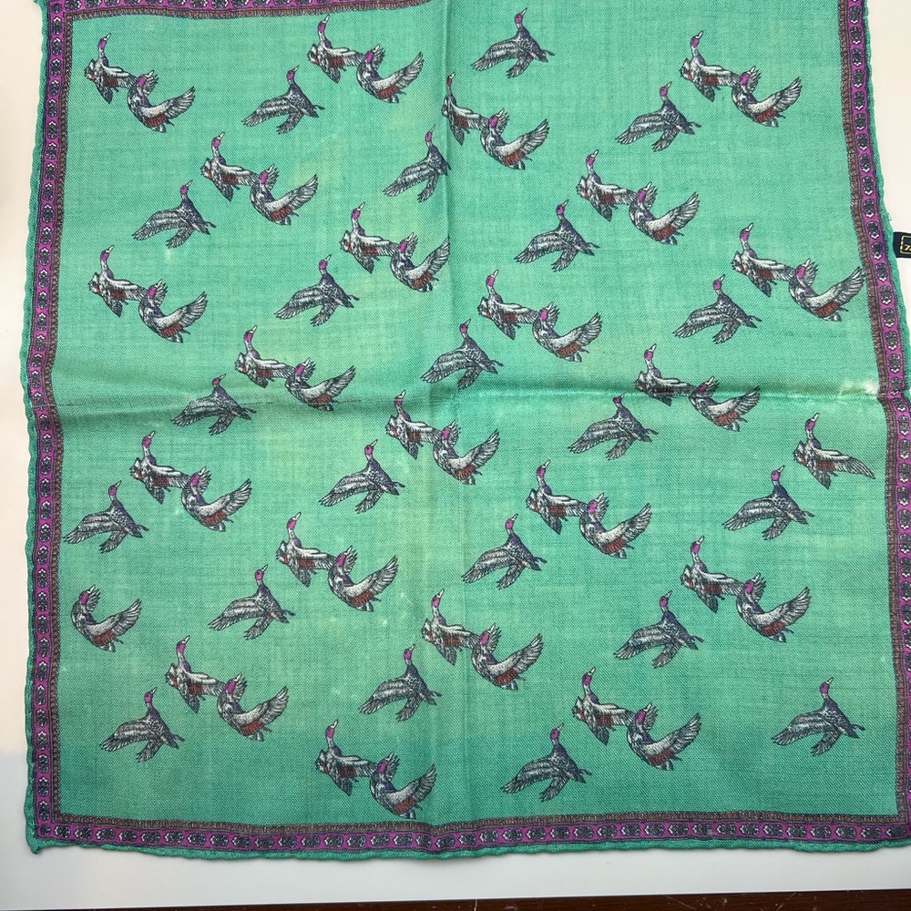 Wool/Silk Green and Purple Ducks Pocket Square